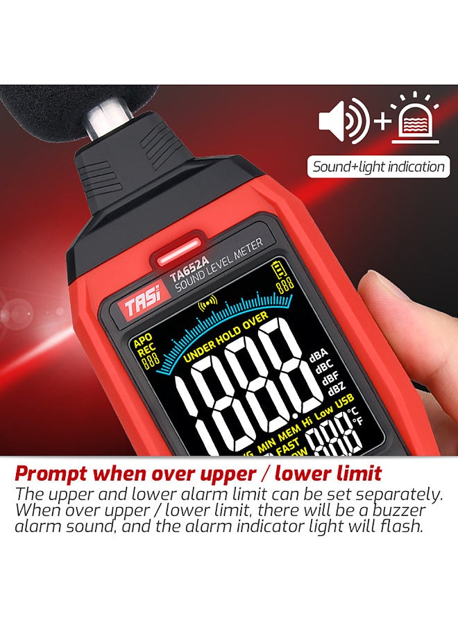 تاسي TA652B 30 ~ 130dB اختبار الضوضاء ديسيبل الضوضاء A / C / Z صناعة الترجيح كاشف حجم مستوى الصوت الرقمي مسجل مسجل بيانات عقد سريع / بطيء فوق الحد الفوري  - Image 5