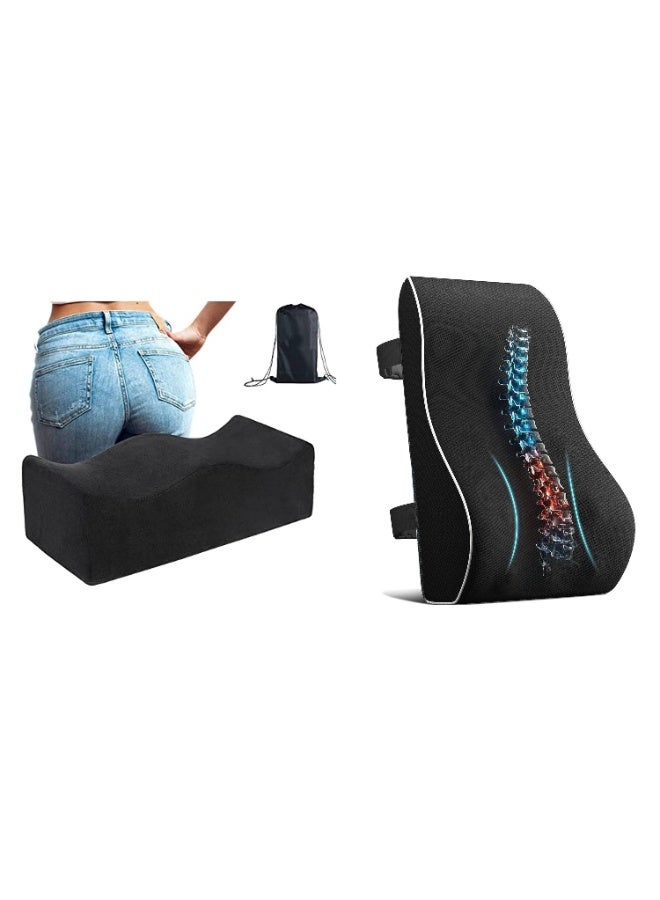 مخطوطات مجموعة وسادة مقعد من إسفنج الذاكرة عالي الجودة لتقويم العظام ودعم أسفل الظهر، باللون الأسود لتخفيف آلام الظهر وتصحيح الوضع، عبوة من قطعتين - Image 1