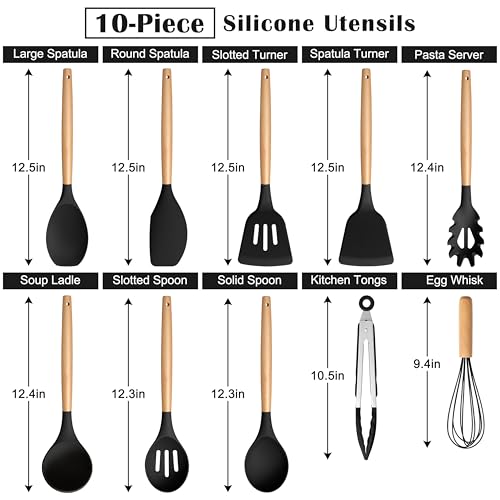 E-far Efar Silicone Cooking Utensils Set 10Piece Black Kitchen Utensils Set with Wooden Handle for Nonstick Cookware Heat Resistant Kitchen Nonstick Tools Spatula Whisk Tongs Ladle Nontoxic Healthy - Image 3