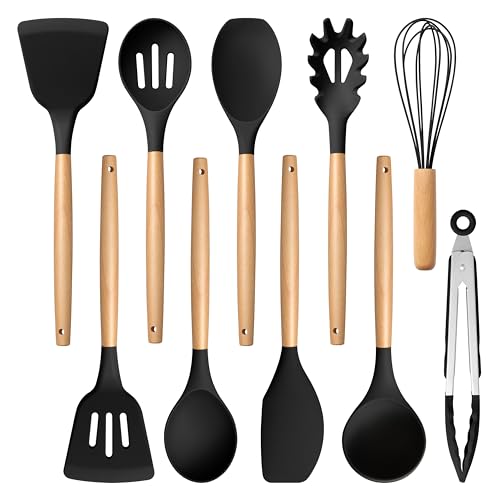 E-far Efar Silicone Cooking Utensils Set 10Piece Black Kitchen Utensils Set with Wooden Handle for Nonstick Cookware Heat Resistant Kitchen Nonstick Tools Spatula Whisk Tongs Ladle Nontoxic Healthy - Image 1