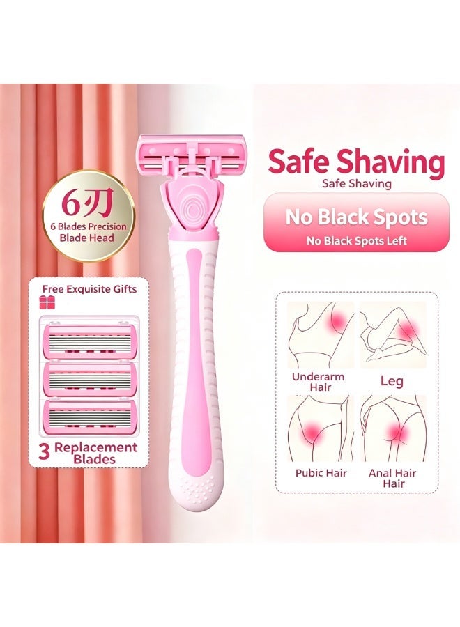 Myonly Women's 6-Layer Safety Manual Razor Set with 1 Handle and 3 Replacement Heads, Underarm Shaving Knife Bikini Trimmer for Legs and Body - Image 1