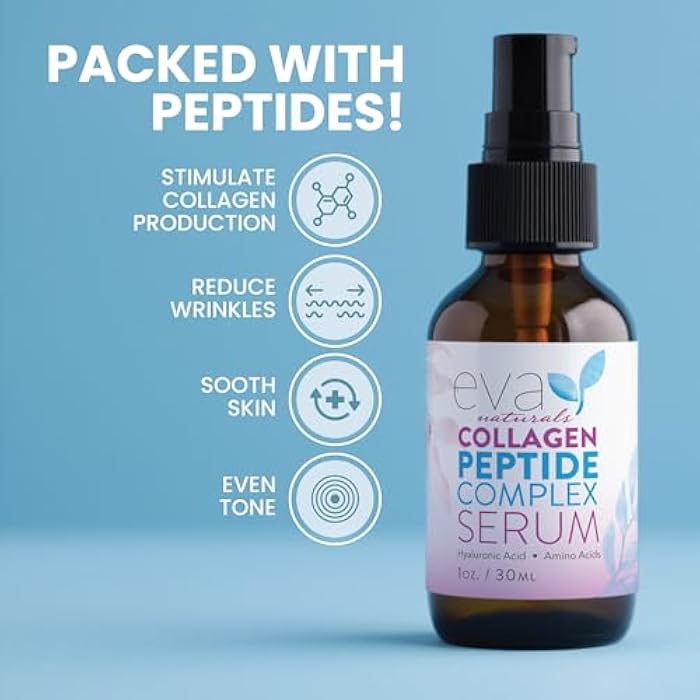 Eva Naturals Collagen Peptide Serum for Face – Anti Aging Facial Treatment with Peptides & Hyaluronic Acid – Gentle Formula for Sensitive Skin, Microneedling Pen, Derma Roller, Skin Firming & Hydrating (1 Oz) - Image 2