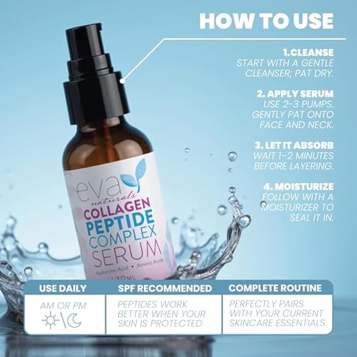 Eva Naturals Collagen Peptide Serum for Face – Anti Aging Facial Treatment with Peptides & Hyaluronic Acid – Gentle Formula for Sensitive Skin, Microneedling Pen, Derma Roller, Skin Firming & Hydrating (1 Oz) - Image 5
