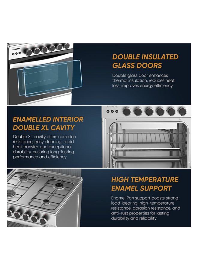 NIKAI 60X60cm 4 Burner Full Safety FreestAnding Gas Cooker, Auto Ignition, Double Glass Oven Door  For Close Door Grilling With Turnspit, Glass Lid And Oven Lamp, St. Steel Finish U6068FSE1 Silver - Image 3