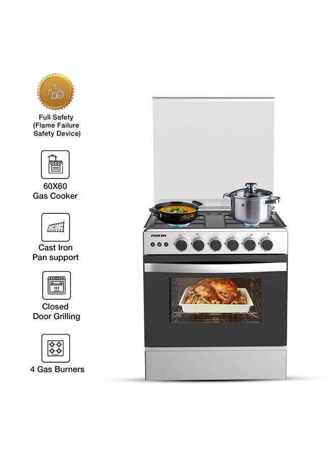 NIKAI 60X60cm 4 Burner Full Safety FreestAnding Gas Cooker, Auto Ignition, Double Glass Oven Door  For Close Door Grilling With Turnspit, Glass Lid And Oven Lamp, St. Steel Finish U6068FSE1 Silver - Image 1