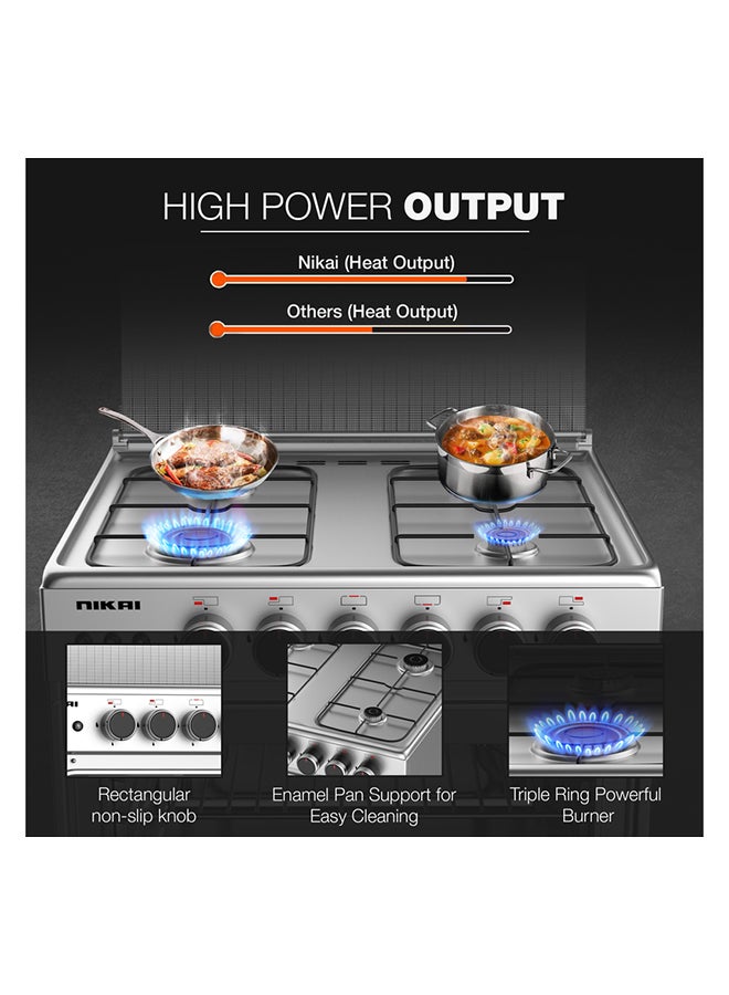NIKAI 60X60cm 4 Burner Full Safety FreestAnding Gas Cooker, Auto Ignition, Double Glass Oven Door  For Close Door Grilling With Turnspit, Glass Lid And Oven Lamp, St. Steel Finish U6068FSE1 Silver - Image 5