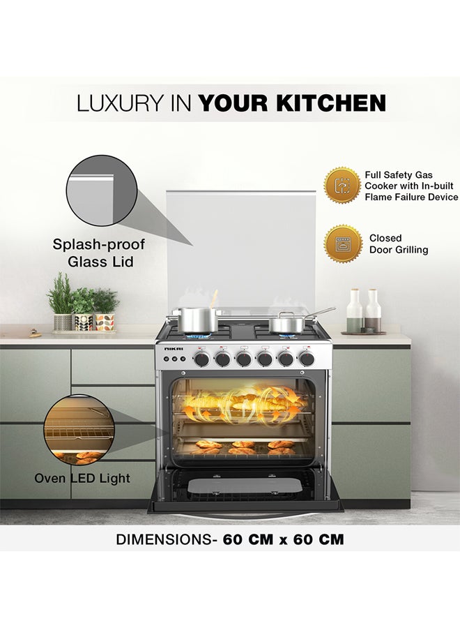 NIKAI 60X60cm 4 Burner Full Safety FreestAnding Gas Cooker, Auto Ignition, Double Glass Oven Door  For Close Door Grilling With Turnspit, Glass Lid And Oven Lamp, St. Steel Finish U6068FSE1 Silver - Image 4