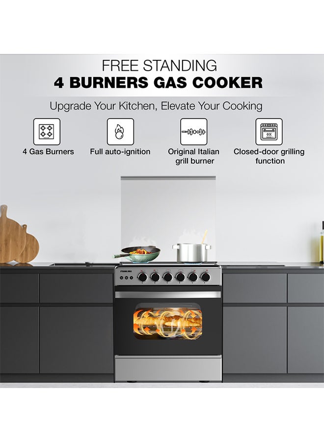 NIKAI 60X60cm 4 Burner Full Safety FreestAnding Gas Cooker, Auto Ignition, Double Glass Oven Door  For Close Door Grilling With Turnspit, Glass Lid And Oven Lamp, St. Steel Finish U6068FSE1 Silver - Image 2