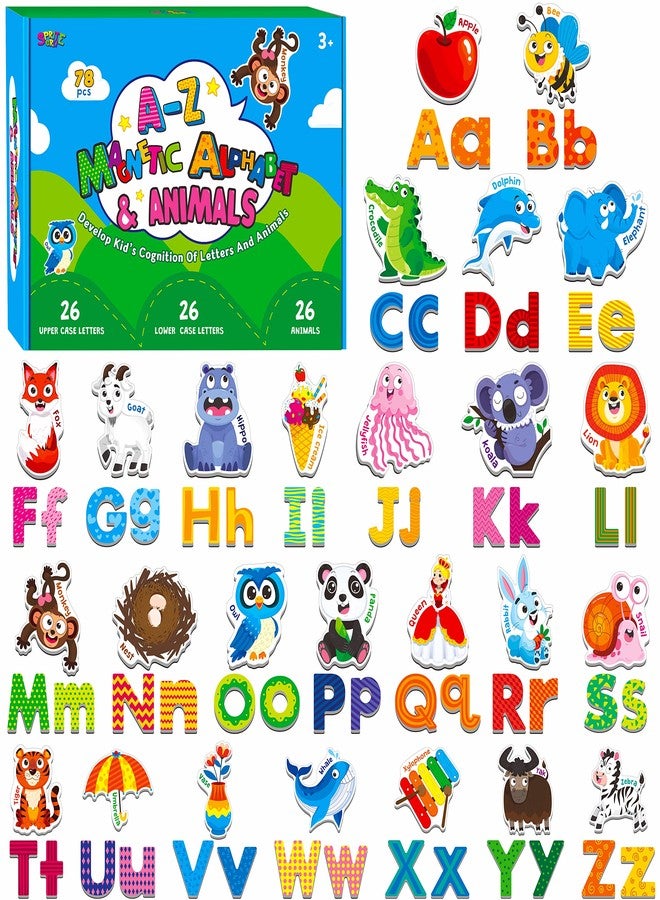 SpriteGru 78 Magnetic Alphabet, 26 Uppercase, 26 Lowercase Letters & 26 Object Patterns, Adorable Animal Alphabet ABC Fridge Magnets Educational Letter Spelling Learning Toys Set for Toddlers 3 4 5 Years Old - Image 1