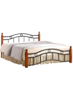AL WADI FURNITURE AWF AL WADI FURNITURE Wooden Steel Double Bed Oak Brown with Wooden Posts, Metal Slat Base and Multiple Center Supports - 129 x 199cm  - Image 1