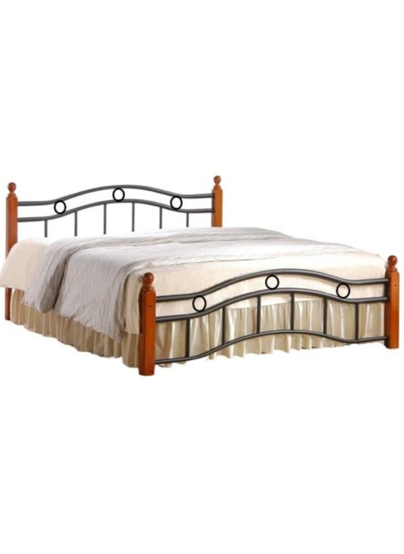 AL WADI FURNITURE AWF AL WADI FURNITURE Wooden Steel Double Bed Oak Brown with Wooden Posts, Metal Slat Base and Multiple Center Supports - 129 x 199cm  - Image 1