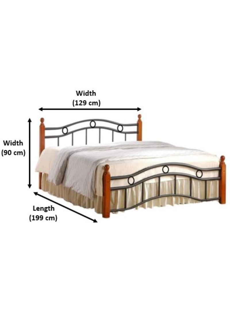 AL WADI FURNITURE AWF AL WADI FURNITURE Wooden Steel Double Bed Oak Brown with Wooden Posts, Metal Slat Base and Multiple Center Supports - 129 x 199cm  - Image 2