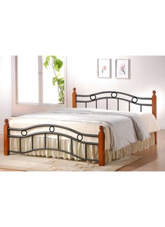 AL WADI FURNITURE AWF AL WADI FURNITURE Wooden Steel Double Bed Oak Brown with Wooden Posts, Metal Slat Base and Multiple Center Supports - 129 x 199cm  - Image 5