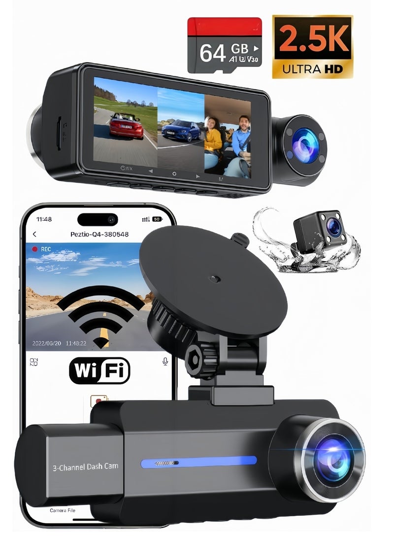 Dash Cam Front and Rear, 2.5K+1440P Triple Car Camera with , 3 Channel Dash Camera for Cars, 64GB Card,G-Sensor, 3.16” IPS Screen, 24Hr Parking, 170°Wide Angle, Loop Recording, IR Night Vision - Image 1