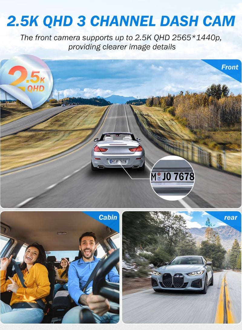 Dash Cam Front and Rear, 2.5K+1440P Triple Car Camera with , 3 Channel Dash Camera for Cars, 64GB Card,G-Sensor, 3.16” IPS Screen, 24Hr Parking, 170°Wide Angle, Loop Recording, IR Night Vision - Image 3