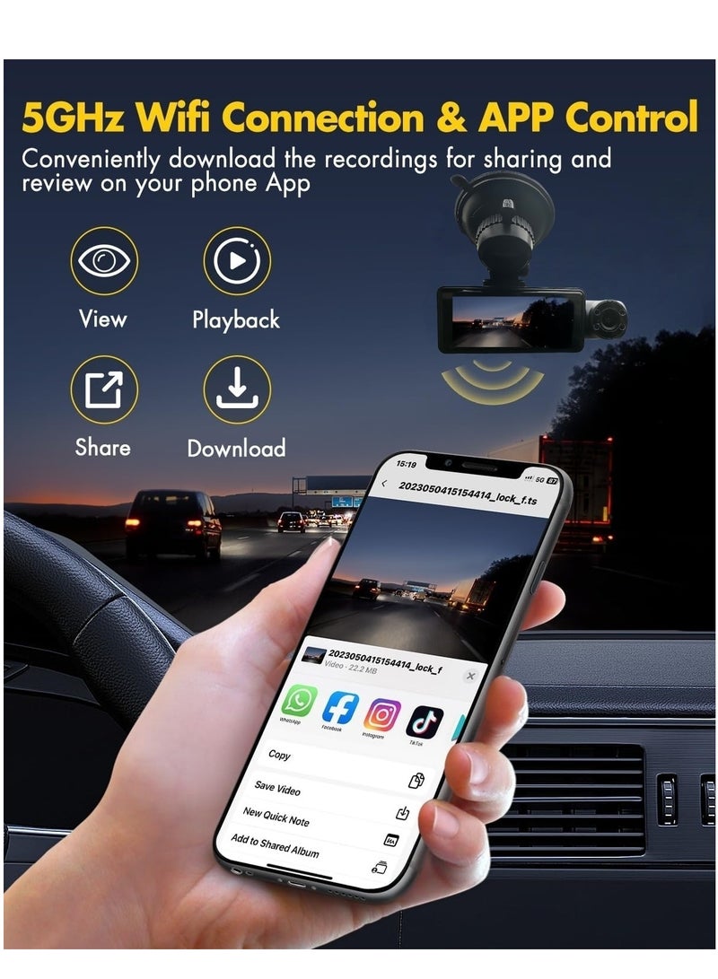 Dash Cam Front and Rear, 2.5K+1440P Triple Car Camera with , 3 Channel Dash Camera for Cars, 64GB Card,G-Sensor, 3.16” IPS Screen, 24Hr Parking, 170°Wide Angle, Loop Recording, IR Night Vision - Image 2