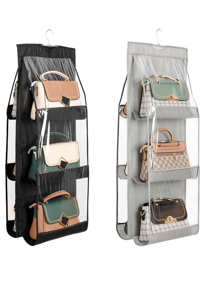 Excefore Hanging Handbag Organizer, 2 Pcs * 6 Pockets, Washable Clear Purse Storage Organizer, Dust Proof Purse Organizer Closet, Hanging Handbag Organizer, for Women Handbags Purse (Black&Gray)  - Image 1