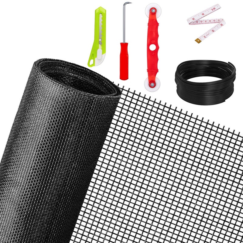 Ouskr Replacement Window Screens Kit 48X118 Inch Durable Window Screen Mesh for Patio Porch Door Windows DIY Adjustable Fiberglass Screen Repair Kit with Rolling Tool Hook Ruler Cutter Spline