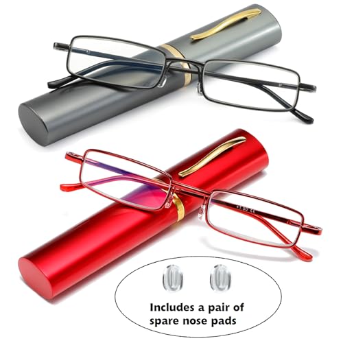 OWTXIS 2 Pack Blue Light Blocking Reading Glasses - Slim Pocket Readers with Pen Clip Case Mini Lightweight Readers (Red, Gunmetal, +1.50) - Image 2