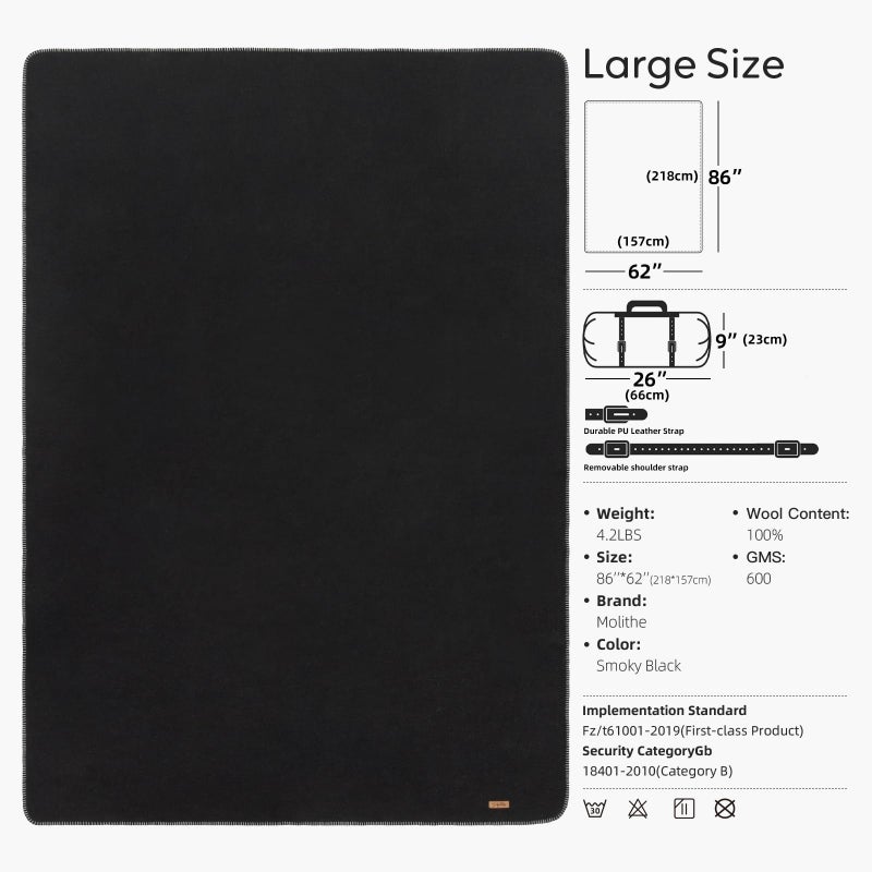 Molithe 100% Wool Blanket, 62" x 86", Warm, Thick, Washable, Military Wool Blanket, Great for Camping, Outdoors, Sporting Events, Survival Kits,Carbon Black - Image 3