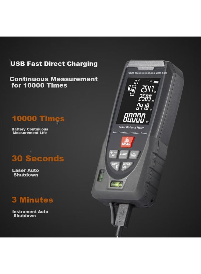 Cem Ldm-60c Laser Distance Meter, High-precision Laser Infrared Room Measuring Device, Electronic Ruler With Voice Playback, Usb Direct Charging, 60 Meters - Image 1