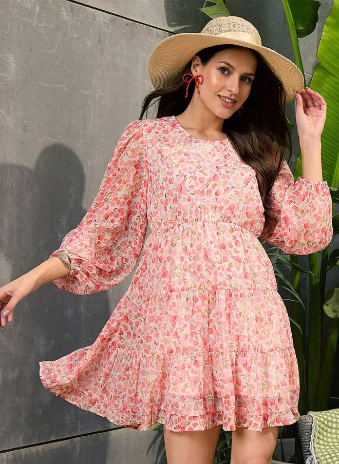 SASSAFRAS Floral Print Bell Sleeve Georgette Dress for Women