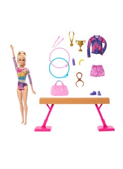 Barbie دمية الجمباز والإكسسوارات، مجموعة لعب مع دمية موضة شقراء، مشبك C-للتمرير، قضيب توازن، بدلة تسخين والمزيد  - Image 4