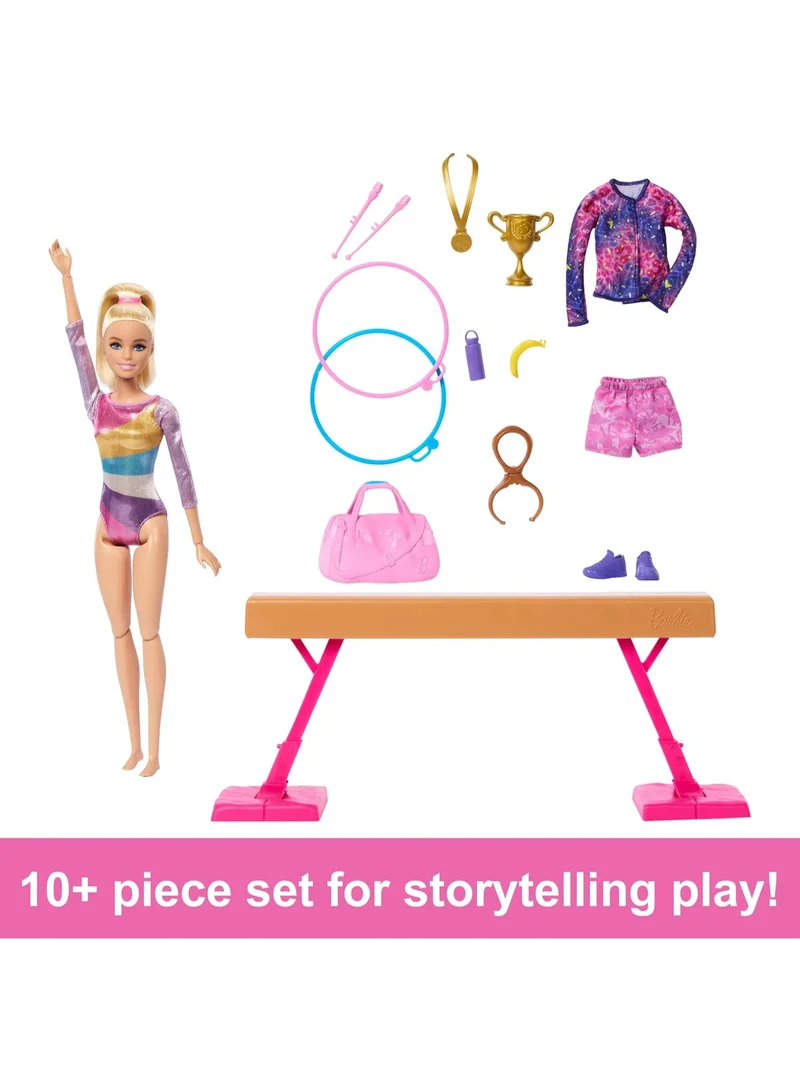 Barbie Gymnastics Doll & Accessories, Playset With Blonde Fashion Doll, C-Clip For Flipping Action, Balance Beam, Warm-Up Suit & More
