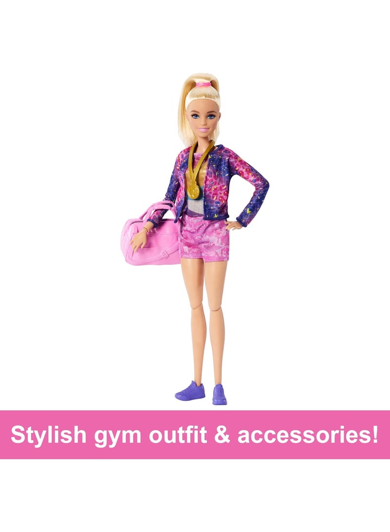 Barbie Gymnastics Doll & Accessories, Playset With Blonde Fashion Doll, C-Clip For Flipping Action, Balance Beam, Warm-Up Suit & More - Image 4