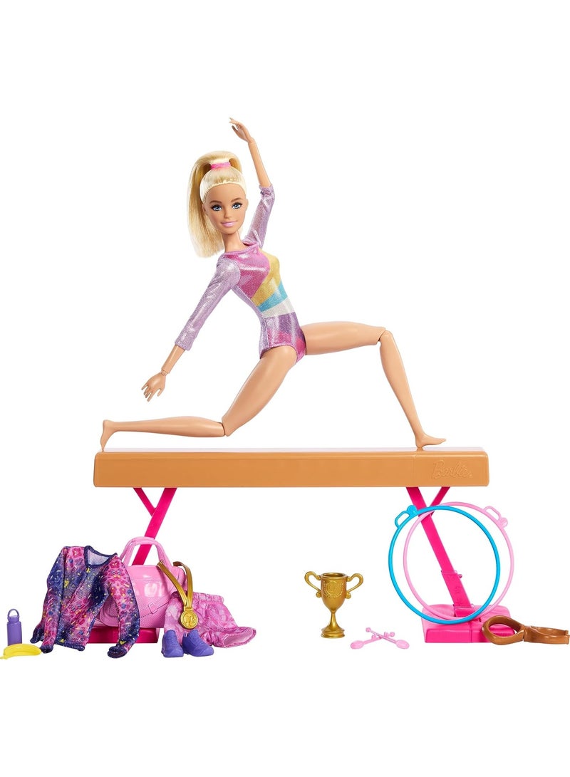 Barbie Gymnastics Doll & Accessories, Playset With Blonde Fashion Doll, C-Clip For Flipping Action, Balance Beam, Warm-Up Suit & More - Image 5