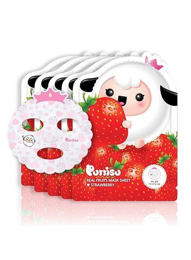 Puttisu Real Fruit Facial Mask Sheet For Kids Children Made With 100% Cotton Moisturize Sooths And Hydrates Skin (Strawberry Pack Of 5) - Image 1