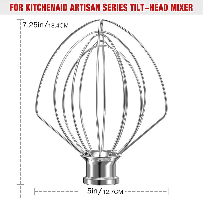 XINCAN ملحق خفاق من الفولاذ المقاوم للصدأ مكون من 6 أسلاك، مناسب لخلاط KitchenAid ذو الرأس المائل بحجم وعاء 5 قوارير، بديل للخفاق الأصلي، آمن للاستخدام في غسالة الأطباق، يُستخدم لخفق البيض والكريمة الثقيلة. - Image 3