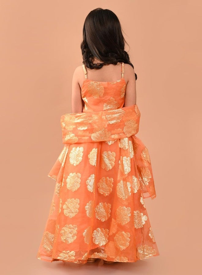 LILPICKS طقم ليليبيكس زاري مزين بلا أكمام مع تنورة فضفاضة ودوپاتا للفتيات (خوخي ذهبي) (13-14 سنة) - Image 5