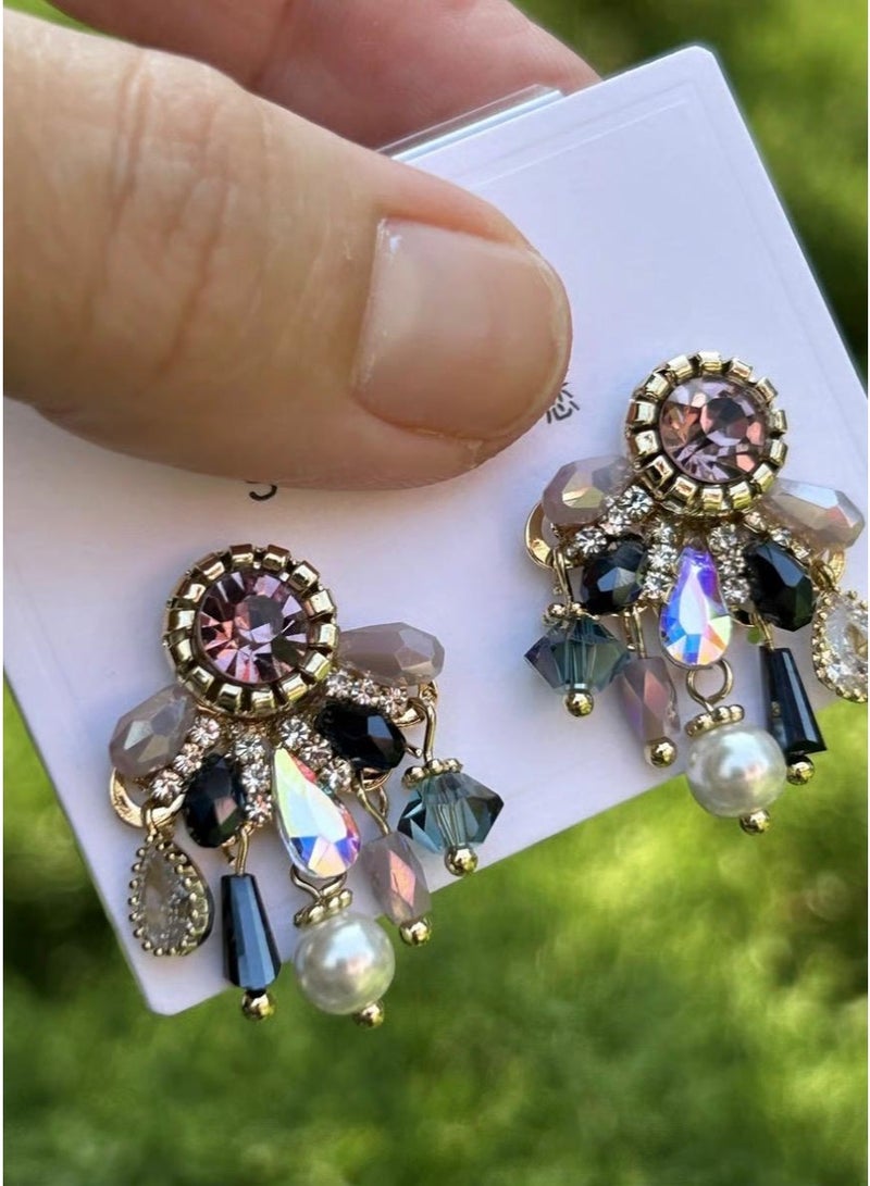 Modern Gold-Tone Cluster Drop Earrings – Elegant Bohemian Statement Jewelry with Multi-Color Crystals & Pearls for Women