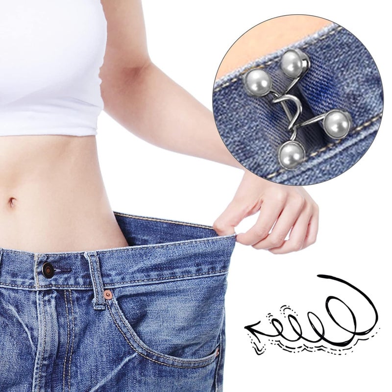 Stadash Stadash 2 Pcs Jeans Button Pins Adjustable Waist Extender No Sew Jean Button Clips Pant Waist Tightener for Loose Pants Skirts White Pearl Button Instant Waist Buckle Extender - Image 2
