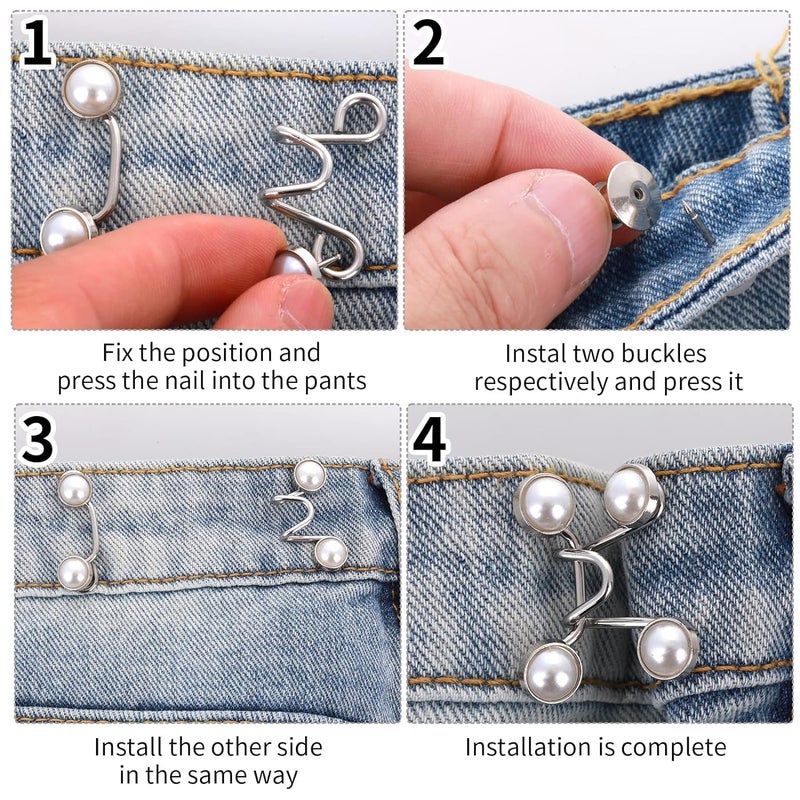 Stadash Stadash 2 Pcs Jeans Button Pins Adjustable Waist Extender No Sew Jean Button Clips Pant Waist Tightener for Loose Pants Skirts White Pearl Button Instant Waist Buckle Extender - Image 4