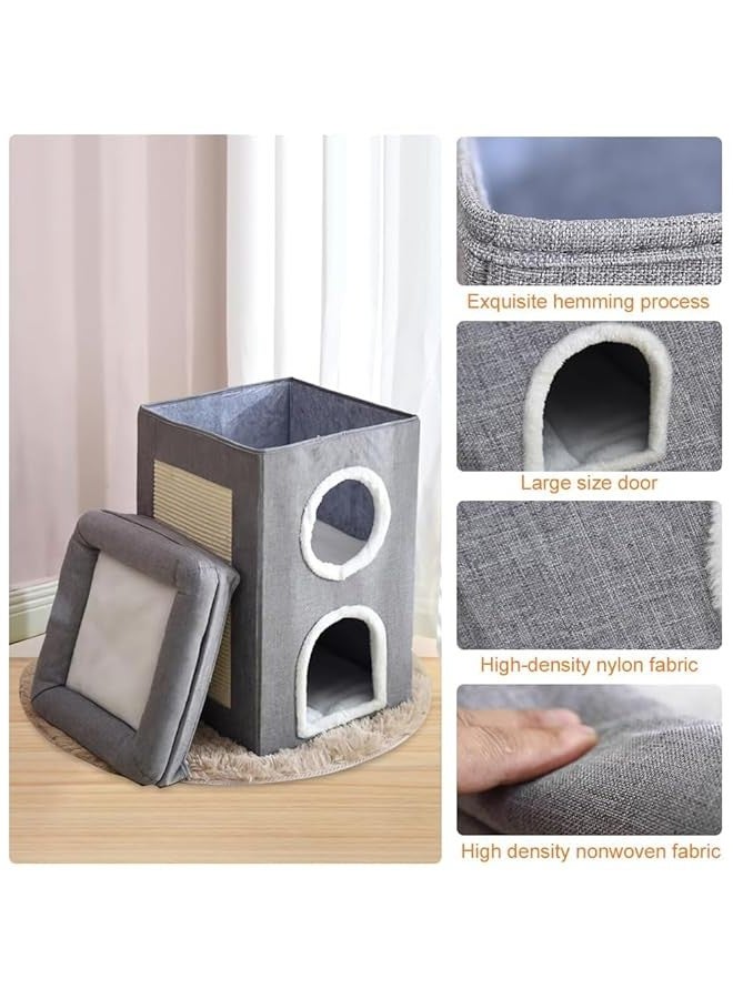 Cat House 2-in-1 Large Kitten Cave Foldable Pet Bed with Balcony and Cube Cat Scratching Pad Collapsible Kitty Hideaway Playground Pet Sleeping Cot Condo Tunnel Baby Cat Stool Play Center - Image 3