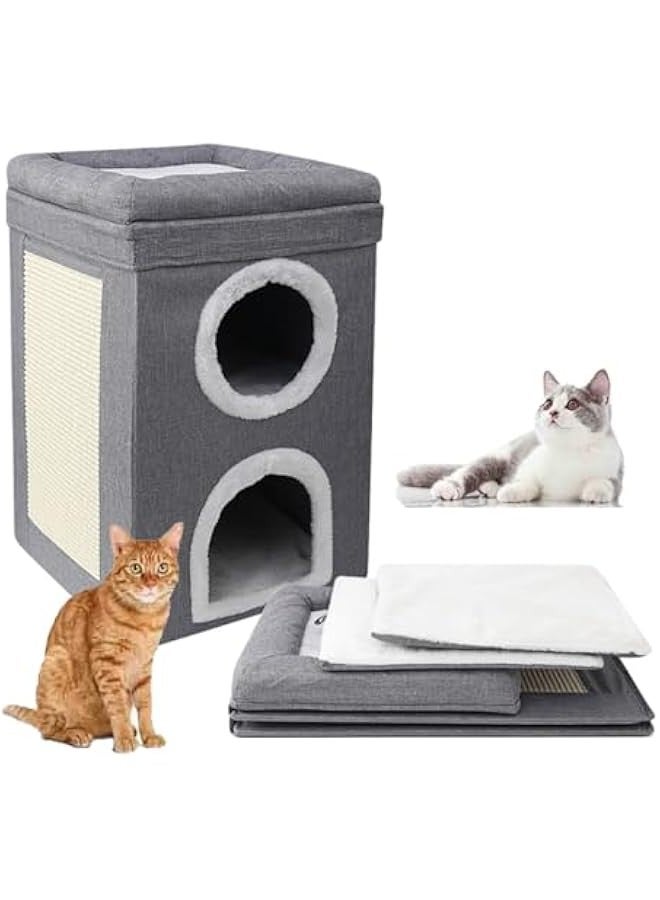 Cat House 2-in-1 Large Kitten Cave Foldable Pet Bed with Balcony and Cube Cat Scratching Pad Collapsible Kitty Hideaway Playground Pet Sleeping Cot Condo Tunnel Baby Cat Stool Play Center - Image 1