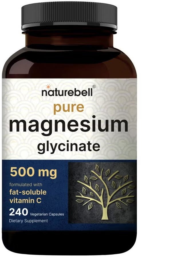 NatureBell Magnesium Glycinate Capsules 500mg | 240 Count, 100% Chelated & Purified, 3rd Party Tested, Non-GMO & Gluten Free