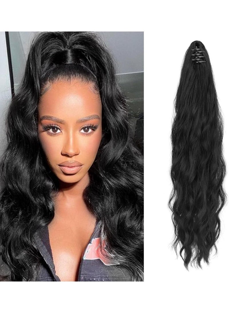 وصلات تسريحة ذيل حصان بمشبك مخلبي، وصلات شعر ذيل حصان طويلة ومموجة بطول 50.8 سم، وصلات شعر صناعية رقيقة لتسريحة ذيل الحصان، شعر طبيعي ناعم للاستخدام اليومي (اسود طبيعي) - Image 1