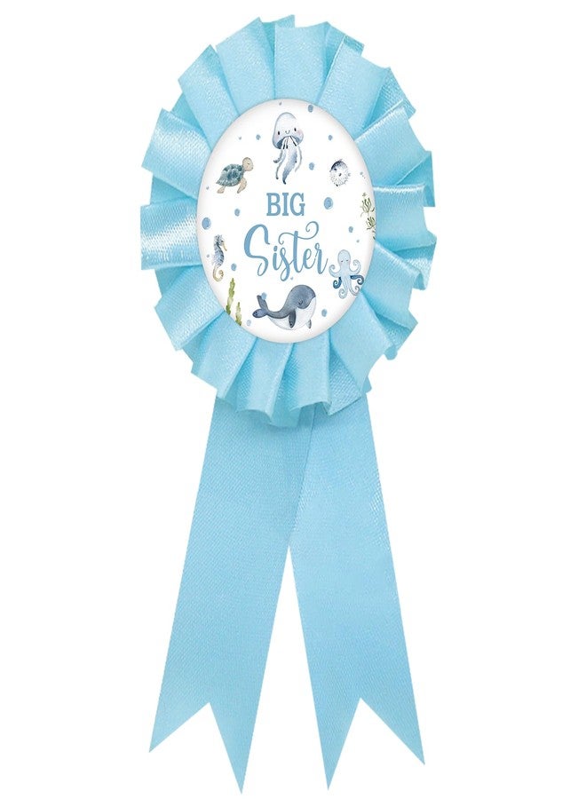 SUPERLUBY Under The Sea Big Sister Tinplate Badge Pin, Sea Animal Sister to Pin, Whale Happy Birthday Button for Girl, Blue Rosette Birthday Girl Award Ribbon, Ocean World Birthday/Baby Shower Party Favors - Image 1