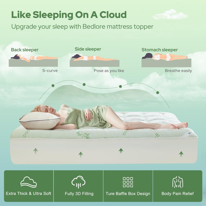 BEDLORE Twin Mattress Topper Viscose Derived from Bamboo, Thick Pillow Top Mattress Pad with Stretchable Pockets for 6"-15" Mattress, Soft Breathable Mattress Topper for Back Pain Relief - Image 4