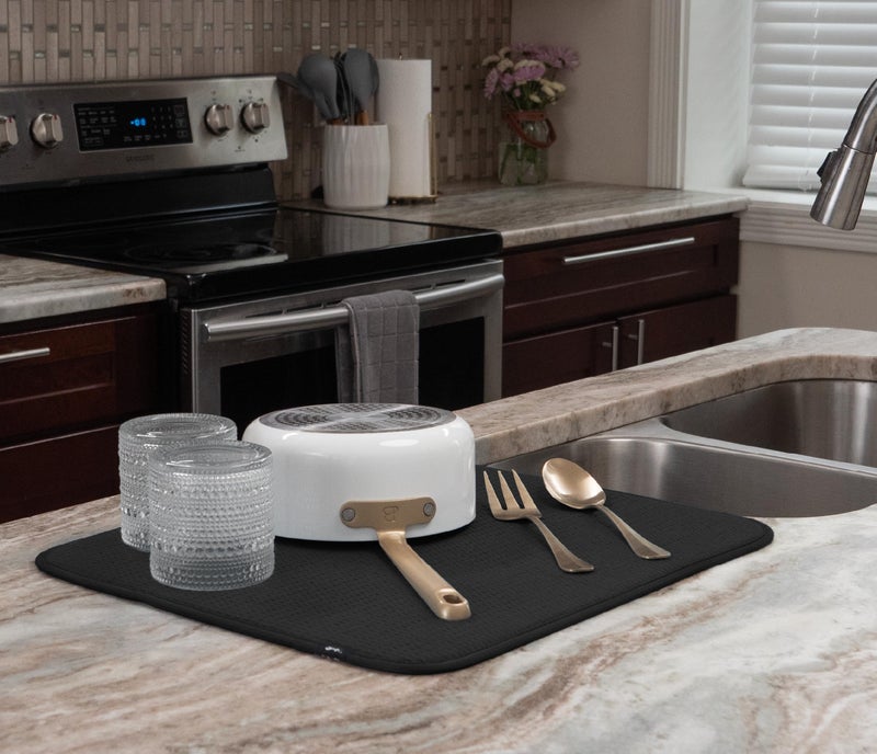 S&T INC. Dish Drying Mat, 16” x 18”, Absorbent Microfiber Kitchen Counter Mat, Dish Drying Pad for Dishes, Utensils, Pots and Pans, Large, Black - Image 3