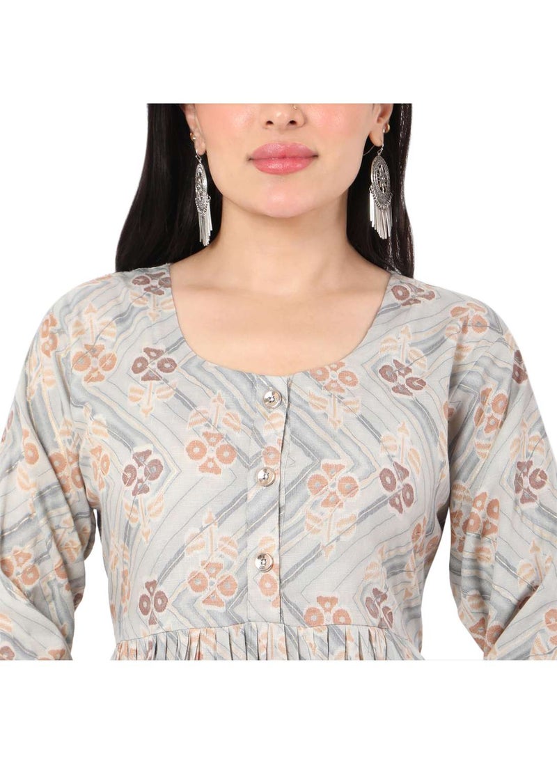 HANA & SARA - SOFT VISCOSE GREY COLOUR FRONT BUTTONED PRINTED CASUAL SHORT ARABIC KAFTAN JALABIYA DRESS - Image 1