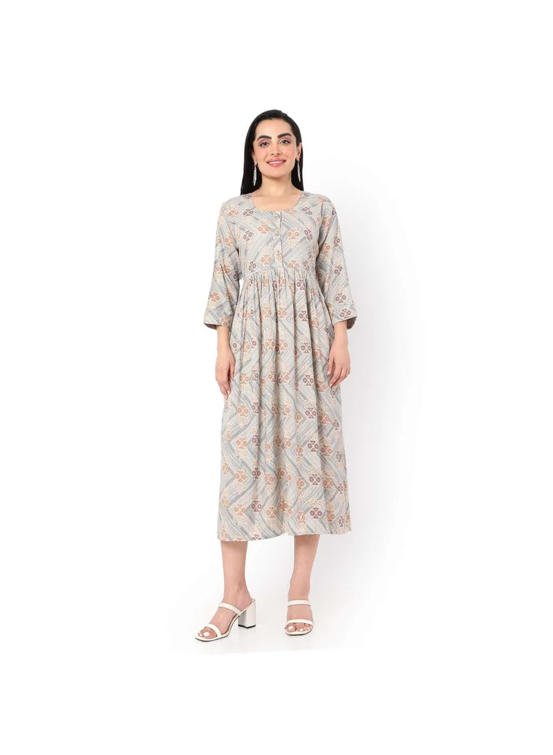 HANA & SARA SOFT VISCOSE GREY COLOUR FRONT BUTTONED PRINTED CASUAL SHORT ARABIC KAFTAN JALABIYA DRESS