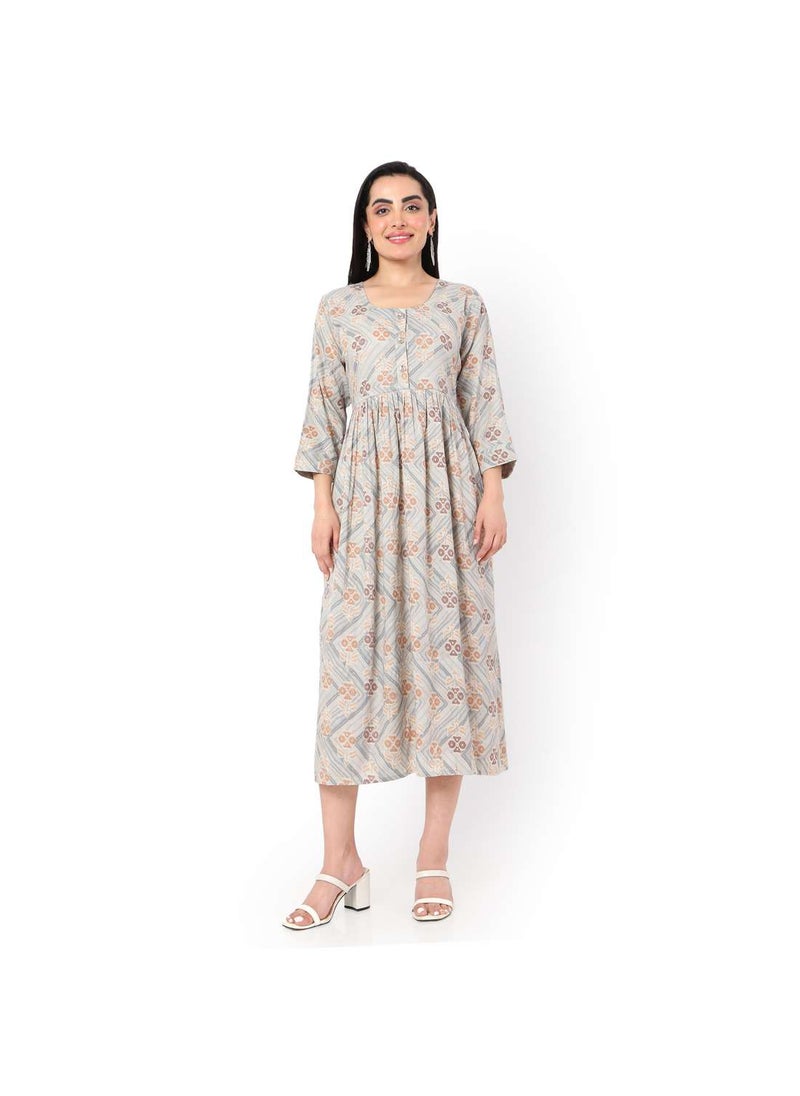 HANA & SARA - SOFT VISCOSE GREY COLOUR FRONT BUTTONED PRINTED CASUAL SHORT ARABIC KAFTAN JALABIYA DRESS - Image 1