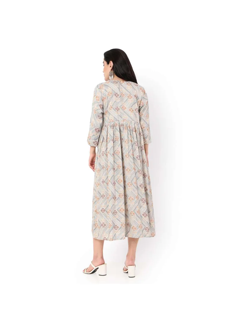 HANA & SARA SOFT VISCOSE GREY COLOUR FRONT BUTTONED PRINTED CASUAL SHORT ARABIC KAFTAN JALABIYA DRESS