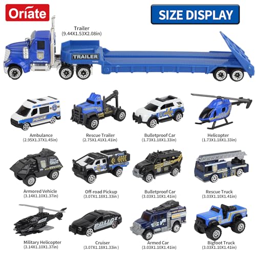 Oriate Diecast Police Rescue City S.W.A.T. Car Toys Set w/Heavy Duty Trailer Patrol, 13PCS Alloy Mini Police Vehicles Transport Trailer, Road Signs and Birthday Cake Topper Stickers for Kids - Image 3