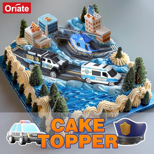 Oriate Diecast Police Rescue City S.W.A.T. Car Toys Set w/Heavy Duty Trailer Patrol, 13PCS Alloy Mini Police Vehicles Transport Trailer, Road Signs and Birthday Cake Topper Stickers for Kids - Image 2