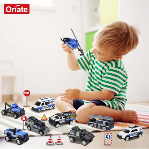 Oriate Diecast Police Rescue City S.W.A.T. Car Toys Set w/Heavy Duty Trailer Patrol, 13PCS Alloy Mini Police Vehicles Transport Trailer, Road Signs and Birthday Cake Topper Stickers for Kids - Image 4